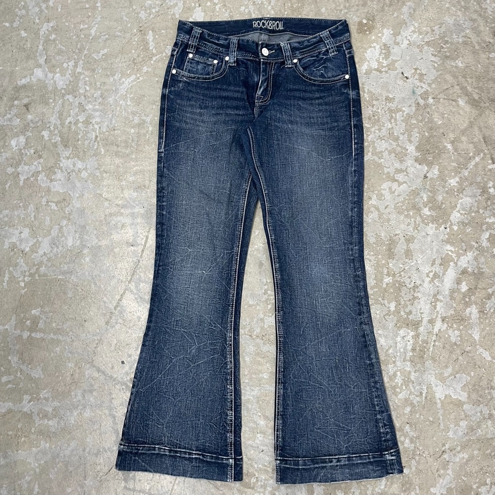 Rock & Roll Cowgirl Jeans Women 29x32 Blue Mid Trouser Flare Boho Mid Rise Denim